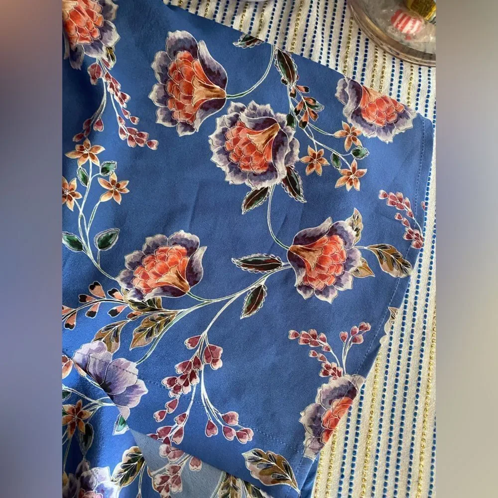 Johnny Was Jade Raine Easy Blouse Silk Blue Floral Puff Sleeve Top Sz S